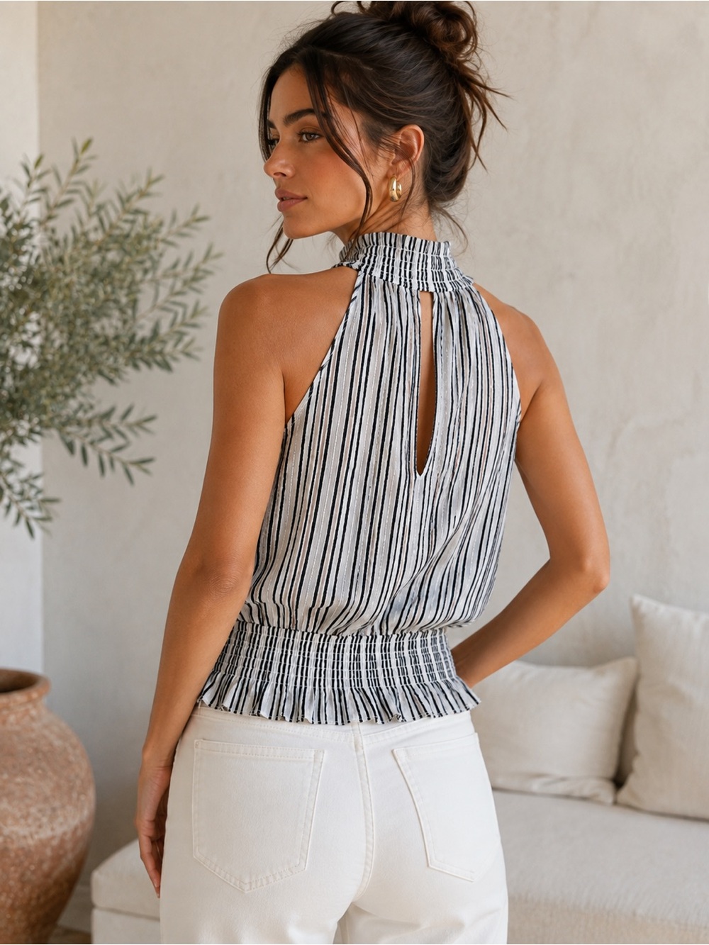 INC Striped Halter Top Cream Black Gold Thread Smocked M
